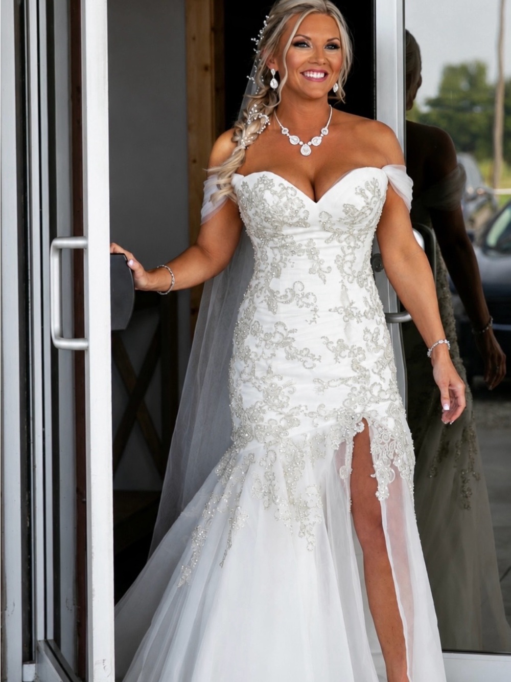 Off-Shoulder White Bridal Gown with Beaded Lace Appliqué
